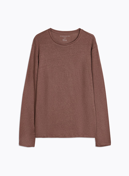 Braunes Langarm-T-Shirt mit Rundhalsausschnitt aus Leinen / Elasthan - MAJESTIC FILATURES