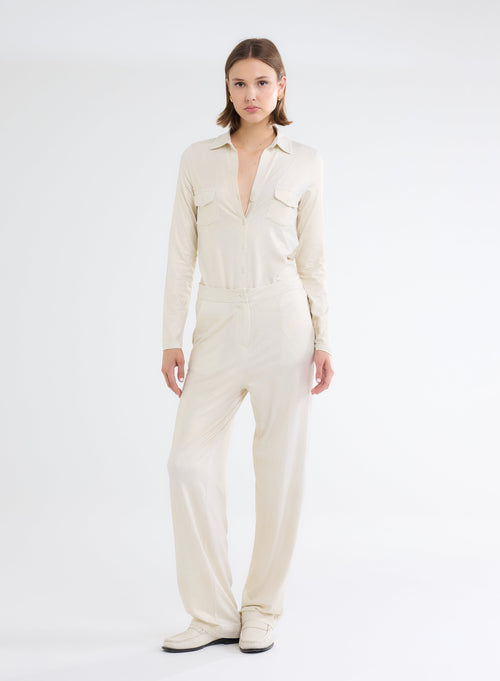 Pantalon Écru Droit Pailletté en Viscose et Élasthanne - MAJESTIC FILATURES