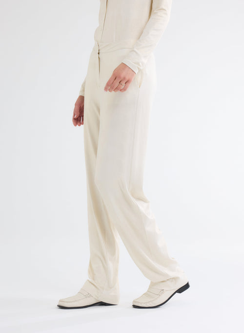 Pantalon Écru Droit Pailletté en Viscose et Élasthanne - MAJESTIC FILATURES