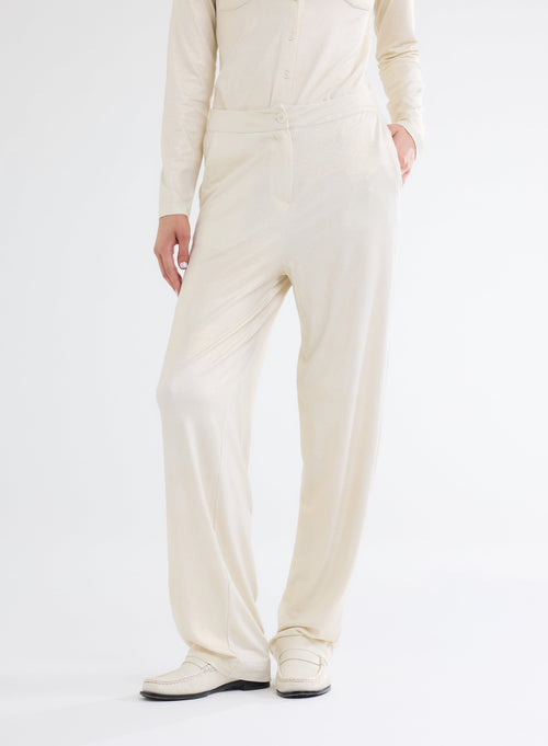 Pantalon Écru Droit Pailletté en Viscose et Élasthanne - MAJESTIC FILATURES