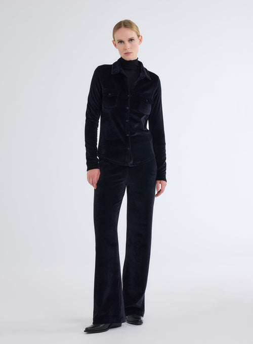 Navy Long Sleeve Shirt with Velvet Pocket - MAJESTIC FILATURES