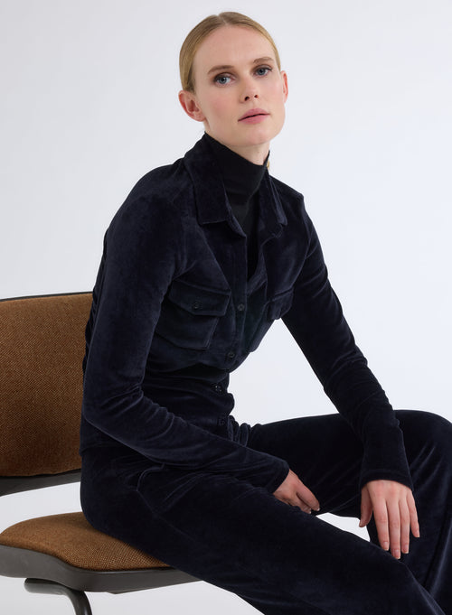 Navy Long Sleeve Shirt with Velvet Pocket - MAJESTIC FILATURES