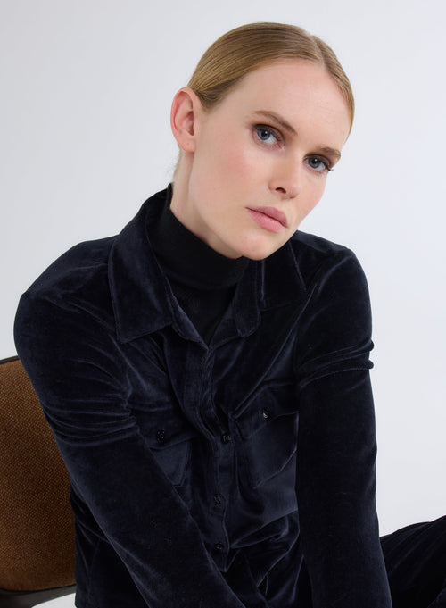 Navy Long Sleeve Shirt with Velvet Pocket - MAJESTIC FILATURES