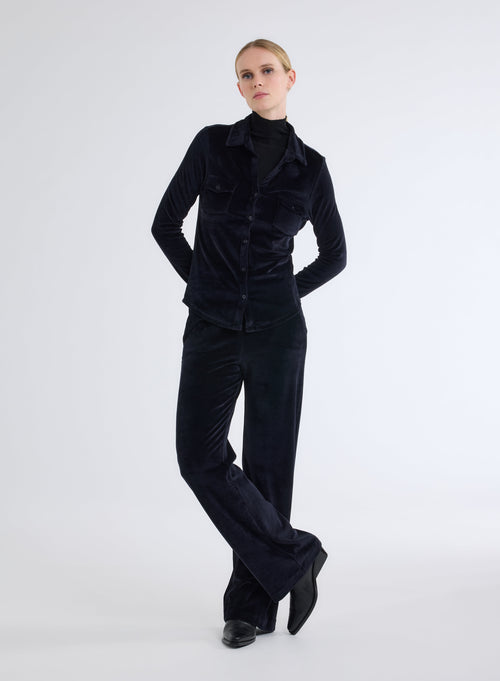 Navy Long Sleeve Shirt with Velvet Pocket - MAJESTIC FILATURES
