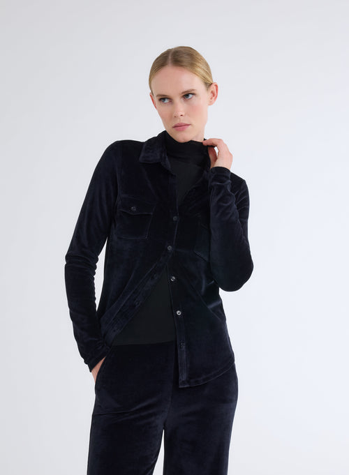Navy Long Sleeve Shirt with Velvet Pocket - MAJESTIC FILATURES