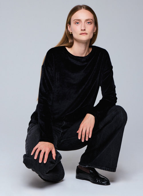Camiseta negra de manga larga con cuello barco en algodón orgánico / modal / elastano - MAJESTIC FILATURES