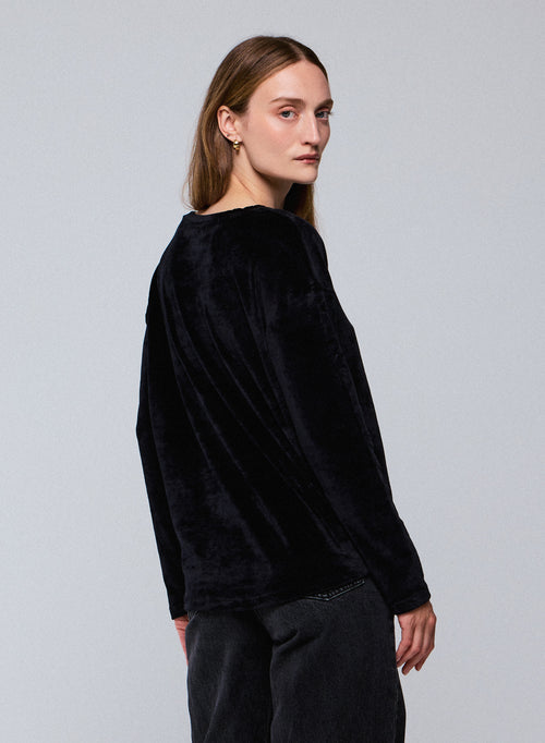 Camiseta negra de manga larga con cuello barco en algodón orgánico / modal / elastano - MAJESTIC FILATURES