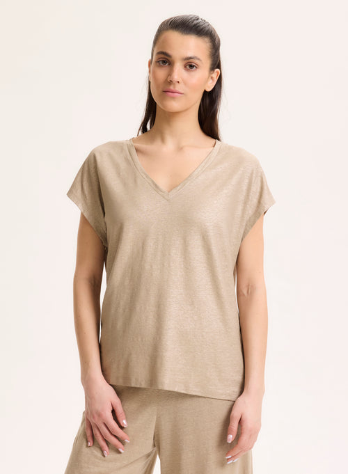 T-shirt Beige Col V Manches Courtes en Lin / Elasthanne - MAJESTIC FILATURES