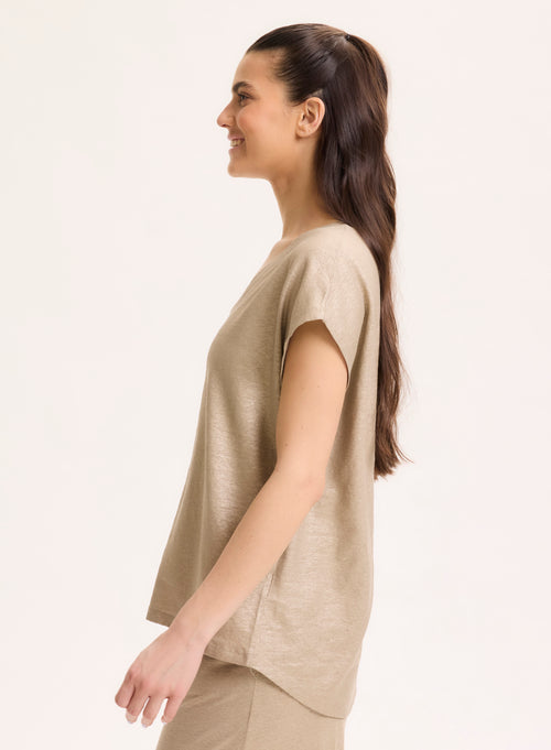 T-shirt Beige Col V Manches Courtes en Lin / Elasthanne - MAJESTIC FILATURES