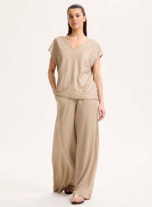 T-shirt Beige Col V Manches Courtes en Lin / Elasthanne - MAJESTIC FILATURES