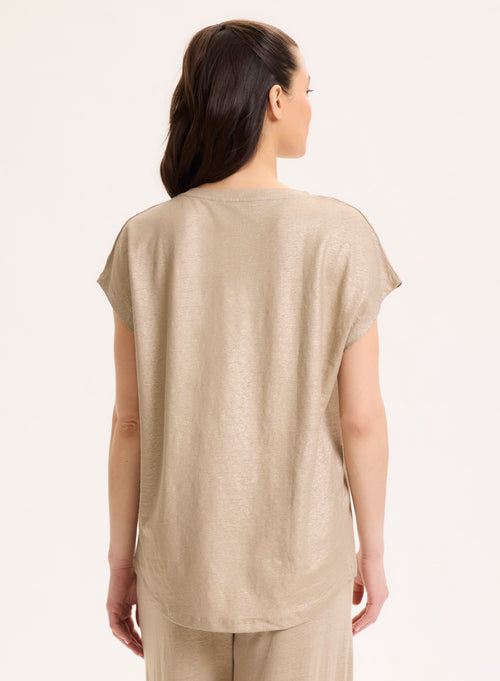 T-shirt Beige Col V Manches Courtes en Lin / Elasthanne - MAJESTIC FILATURES