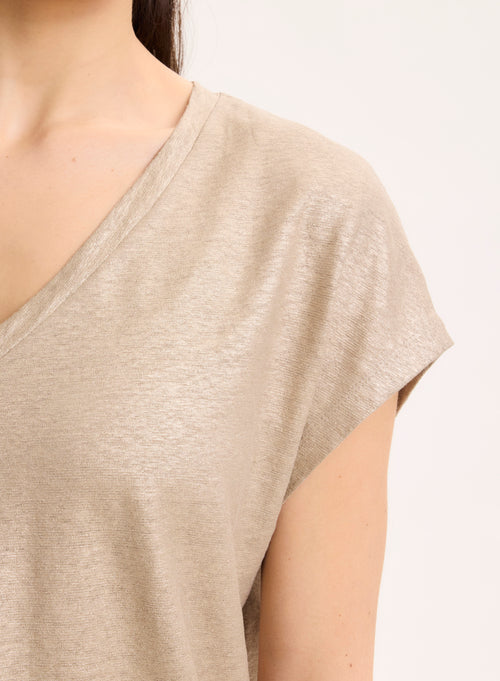 T-shirt Beige Col V Manches Courtes en Lin / Elasthanne - MAJESTIC FILATURES
