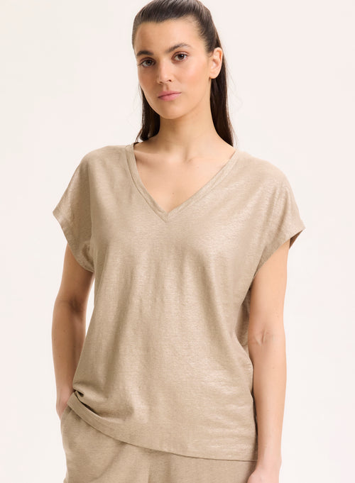 T-shirt Beige Col V Manches Courtes en Lin / Elasthanne - MAJESTIC FILATURES