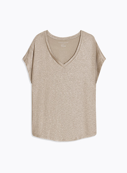 T-shirt Beige Col V Manches Courtes en Lin / Elasthanne - MAJESTIC FILATURES