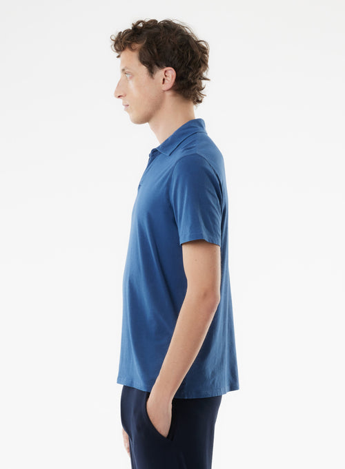 Blaues Kurzarm-Poloshirt aus Bio-Baumwolle und Elasthan - MAJESTIC FILATURES