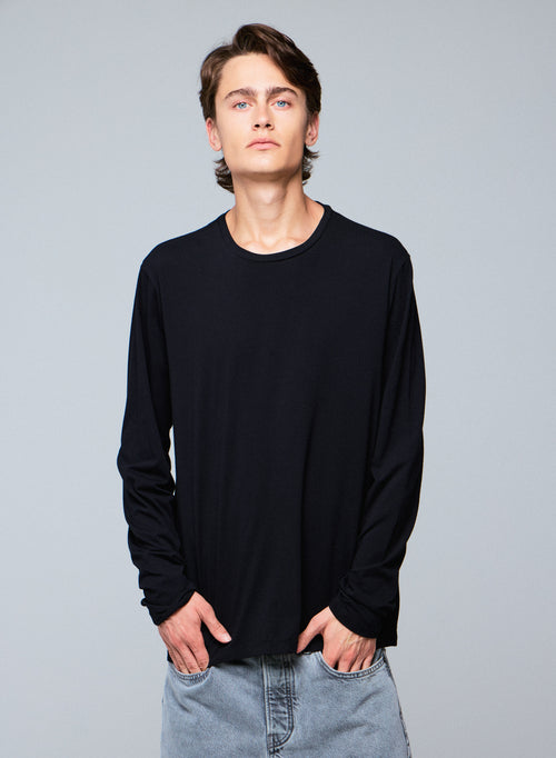 T-Shirt Schwarz Henry Rundhalsausschnitt Langarm - MAJESTIC FILATURES