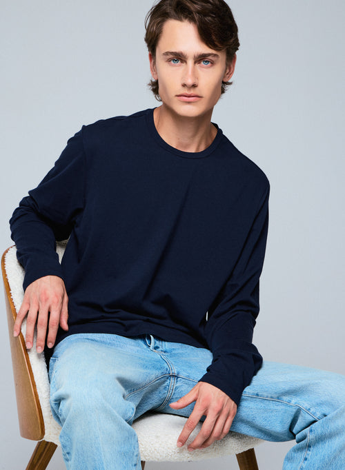 Henry T-Shirt Rundhalsausschnitt Langarm aus Baumwolle / Elastan - MAJESTIC FILATURES