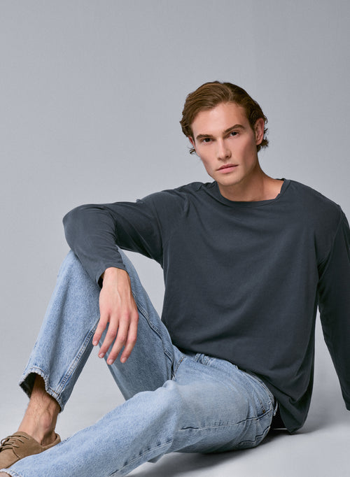 Grey Round Neck Long Sleeve T-shirt in Organic Cotton / Elastane - MAJESTIC FILATURES