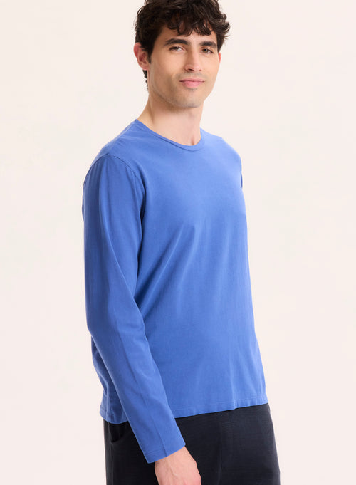 Blue long-sleeved round-neck tee shirt in organic cotton - MAJESTIC FILATURES
