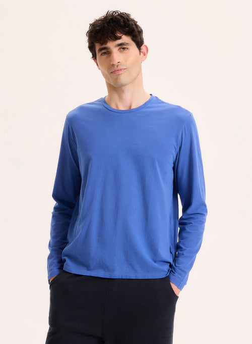 Blue long-sleeved round-neck tee shirt in organic cotton - MAJESTIC FILATURES