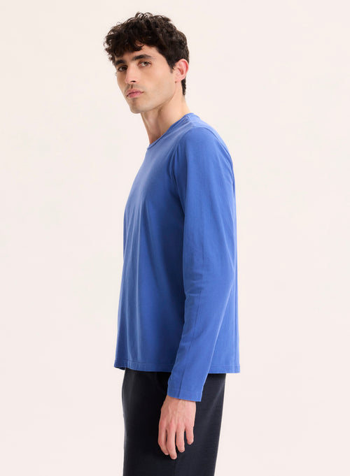 Blue long-sleeved round-neck tee shirt in organic cotton - MAJESTIC FILATURES
