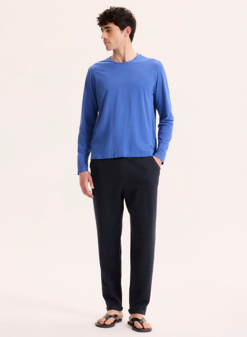 Blue long-sleeved round-neck tee shirt in organic cotton - MAJESTIC FILATURES
