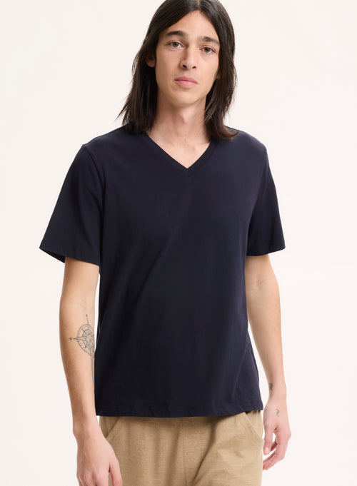 Marineblaues Kurzarm-T-Shirt mit V-Ausschnitt aus Bio-Baumwolle / Elasthan - MAJESTIC FILATURES