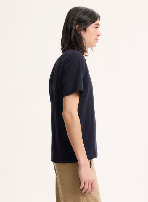 Marineblaues Kurzarm-T-Shirt mit V-Ausschnitt aus Bio-Baumwolle / Elasthan - MAJESTIC FILATURES