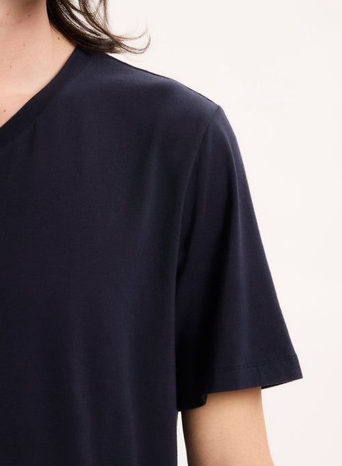 Marineblaues Kurzarm-T-Shirt mit V-Ausschnitt aus Bio-Baumwolle / Elasthan - MAJESTIC FILATURES