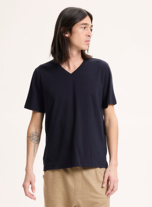 Marineblaues Kurzarm-T-Shirt mit V-Ausschnitt aus Bio-Baumwolle / Elasthan - MAJESTIC FILATURES