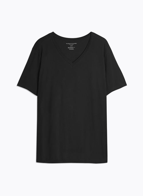 Schwarzes Kurzarm-T-Shirt mit V-Ausschnitt aus Bio-Baumwolle / Elasthan - MAJESTIC FILATURES