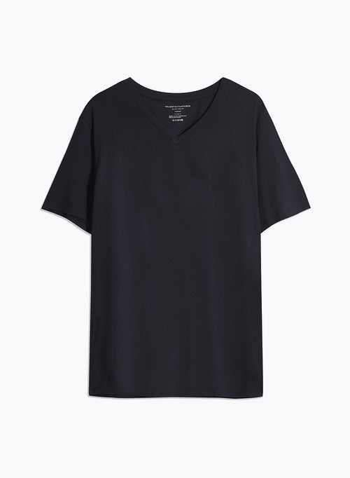 Marineblaues Kurzarm-T-Shirt mit V-Ausschnitt aus Bio-Baumwolle / Elasthan - MAJESTIC FILATURES