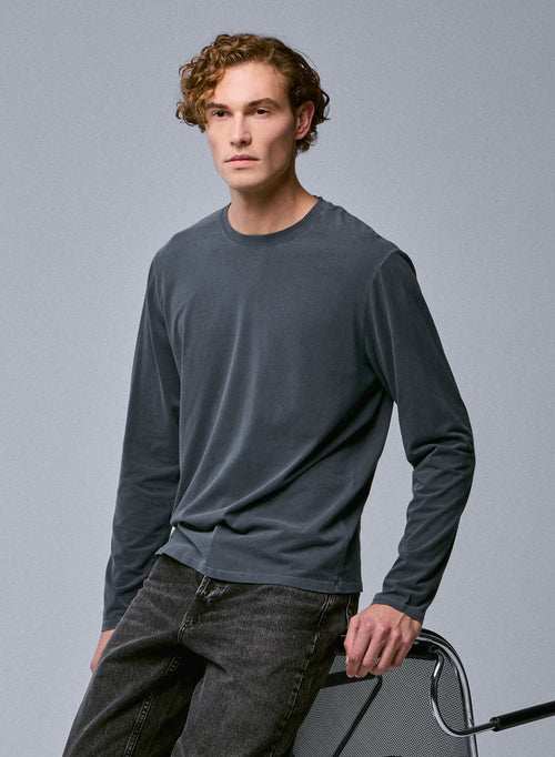 Grey Round Neck Long Sleeve T-shirt in Organic Cotton / Elastane - MAJESTIC FILATURES