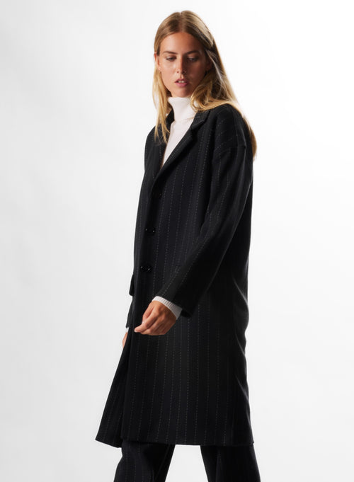 Manteau Noir Col Veste Manches Longues en Laine Mérinos et Coton - MAJESTIC FILATURES