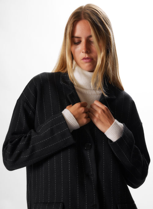 Manteau Noir Col Veste Manches Longues en Laine Mérinos et Coton - MAJESTIC FILATURES