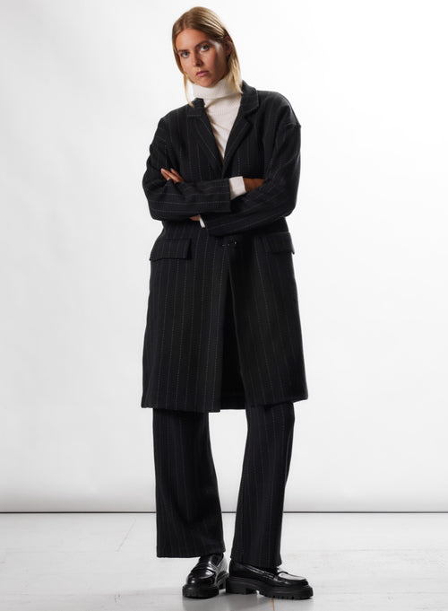 Manteau Noir Col Veste Manches Longues en Laine Mérinos et Coton - MAJESTIC FILATURES