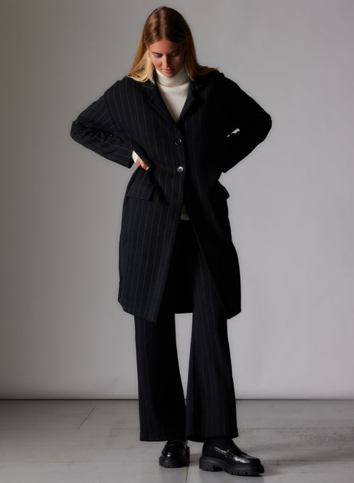 Manteau Noir Col Veste Manches Longues en Laine Mérinos et Coton - MAJESTIC FILATURES