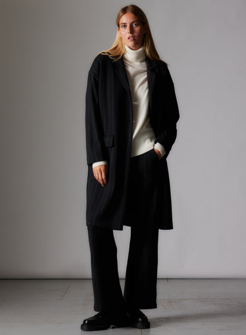Manteau Noir Col Veste Manches Longues en Laine Mérinos et Coton - MAJESTIC FILATURES