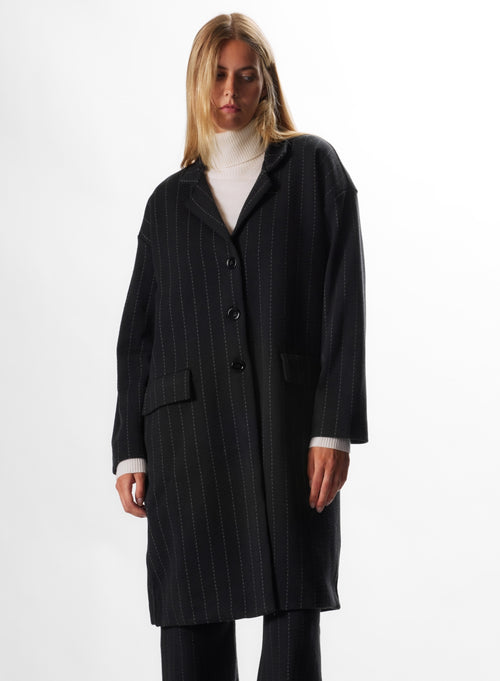 Manteau Noir Col Veste Manches Longues en Laine Mérinos et Coton - MAJESTIC FILATURES