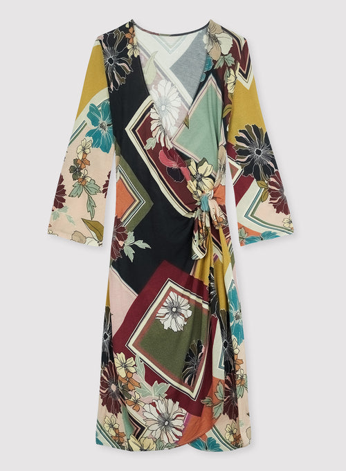 Rougefarbenes Kleid mit 3/4 Ärmeln und Wickelausschnitt aus Viskose / Seide - MAJESTIC FILATURES