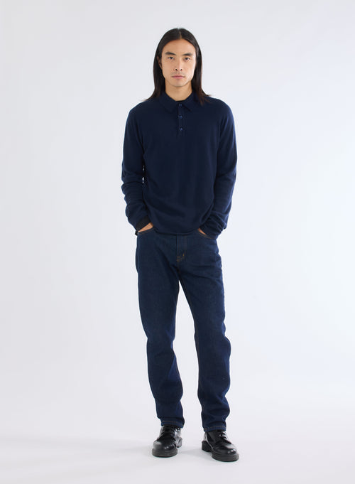 Marine Polo-Shirt mit Kragen und langen Ärmeln aus 100% Kaschmir - MAJESTIC FILATURES