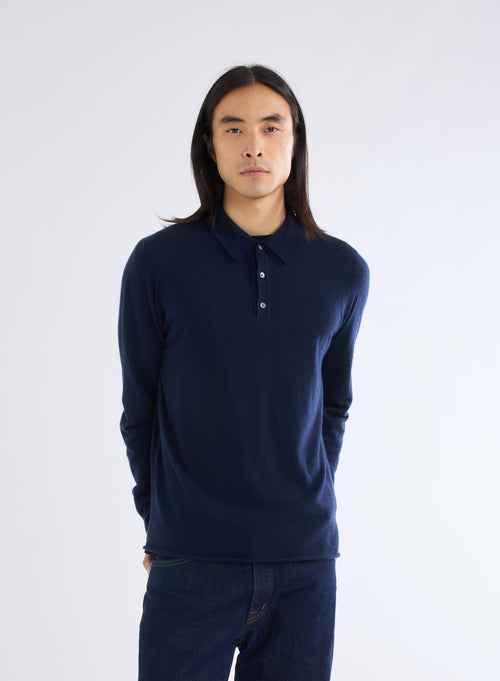 Marine Polo-Shirt mit Kragen und langen Ärmeln aus 100% Kaschmir - MAJESTIC FILATURES