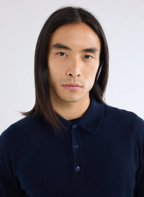 Marine Polo-Shirt mit Kragen und langen Ärmeln aus 100% Kaschmir - MAJESTIC FILATURES