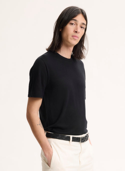 Camiseta Negra Cuello Redondo Manga Corta en 100% Cachemira - MAJESTIC FILATURES
