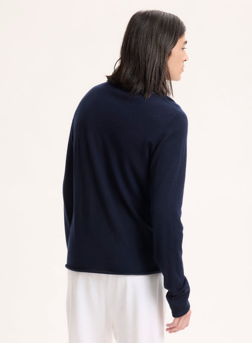 Navy Long Sleeve Round Neck Cashmere T-shirt - MAJESTIC FILATURES