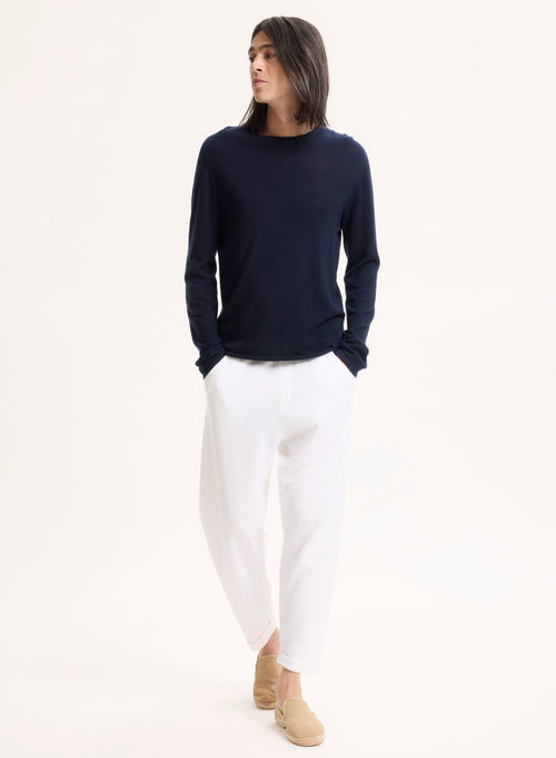 Navy Long Sleeve Round Neck Cashmere T-shirt - MAJESTIC FILATURES