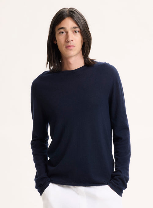 Navy Long Sleeve Round Neck Cashmere T-shirt - MAJESTIC FILATURES