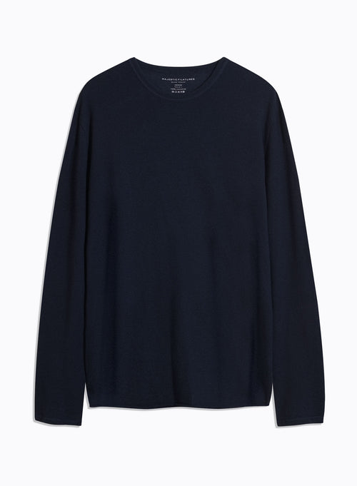 Navy Long Sleeve Round Neck Cashmere T-shirt - MAJESTIC FILATURES