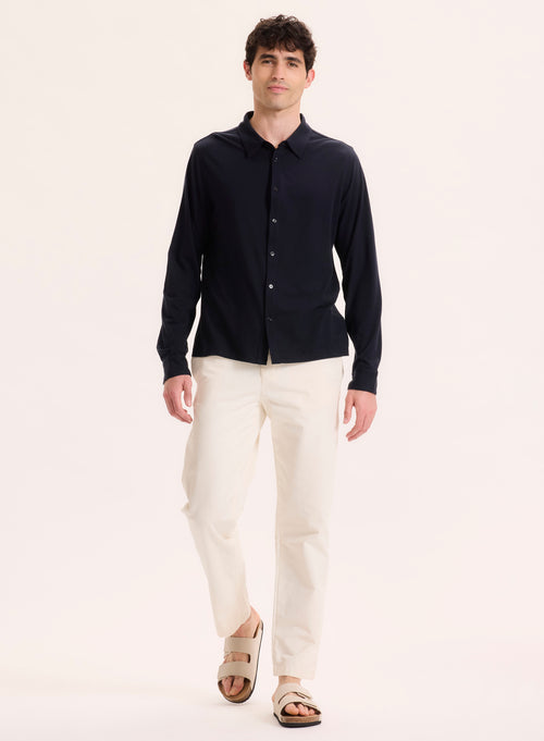 Marineblaues Hemd mit Kragen Langarm Lyocell / Tencel / Bio-Baumwolle - MAJESTIC FILATURES
