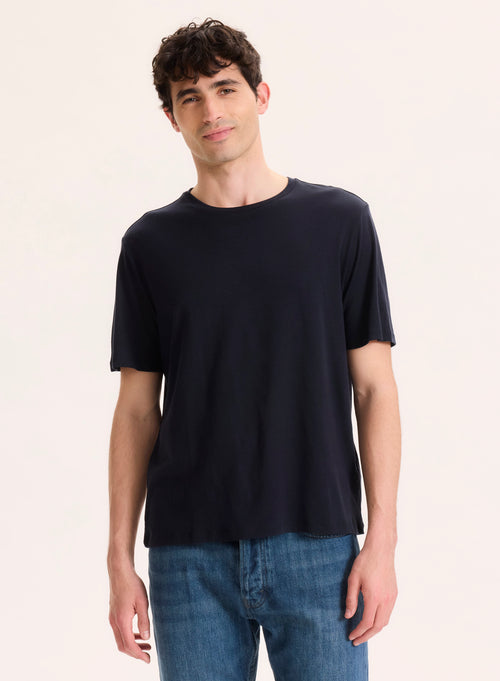 Camiseta azul marino Cuello redondo manga corta en Lyocell / Tencel / Algodón orgánico - MAJESTIC FILATURES